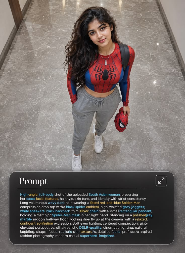South Asian Woman in Spider-Man Inspired Athleisure Outfit example